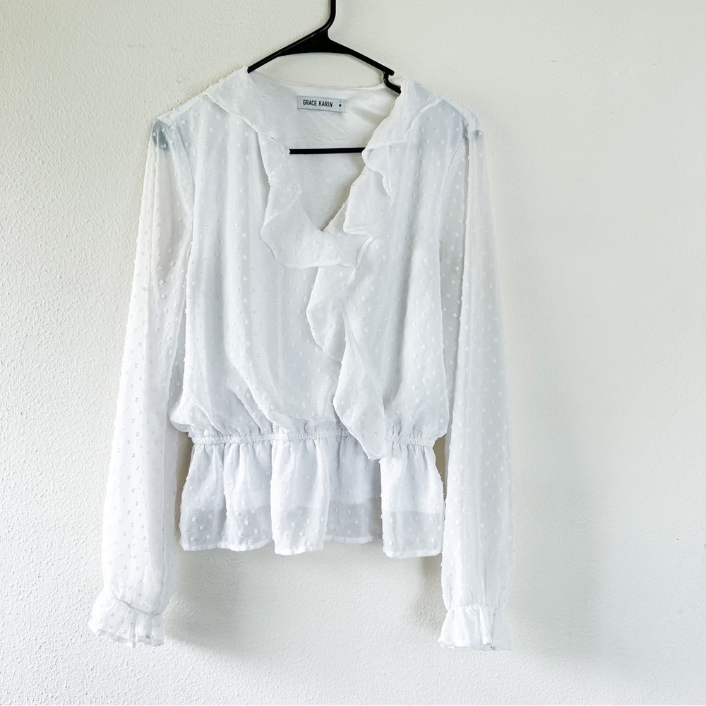 Grace Karin White Long Sleeve Flutter Blouse SZ- M